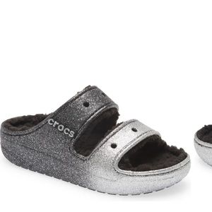 Crocs Classic Cozzzy Faux Fur Sandal (Women) silver black glitter sandals